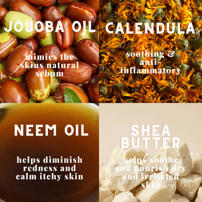 Collage of jojoba oil, calendula, neem oil, and shea butter with descriptive text.