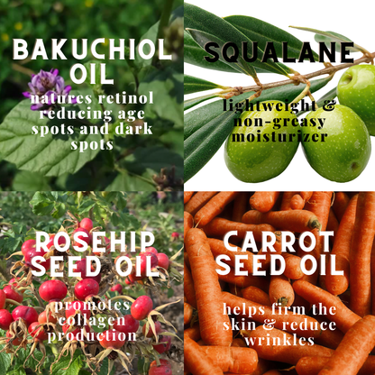 Collage of natural oils with images and descriptions of Bakuchiol oil, Squalane, Rosehip seed oil, and Carrot seed oil.